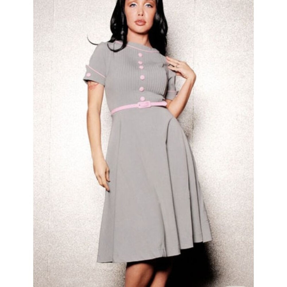 Bettie Page Dress Womens XL Gray Pink Piping Button Fit Flare Midi Retro